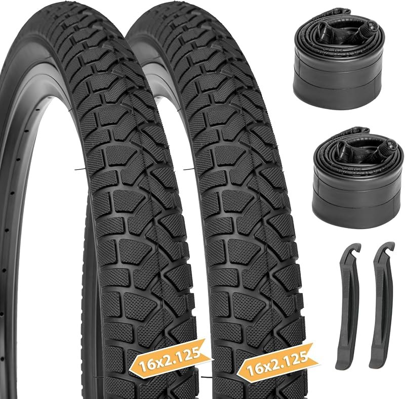 Hycline Kids Bike Tires Set: 2-Pack 16x2.125/20x2.125 Inch Folding Bicycle Replacement Tires with Tubes & Tire Levers
