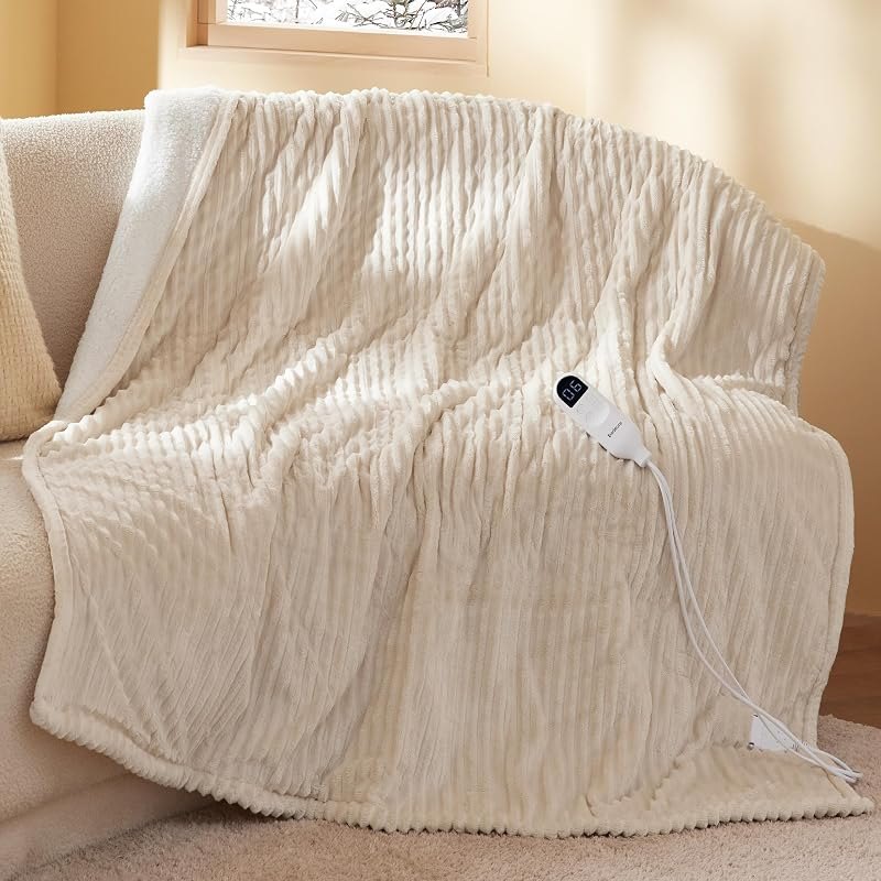 Bedsure Ribbed Heated Blanket Throw, Cream Electric Blanket, Preheat — best heated throw blanket for heated throw
