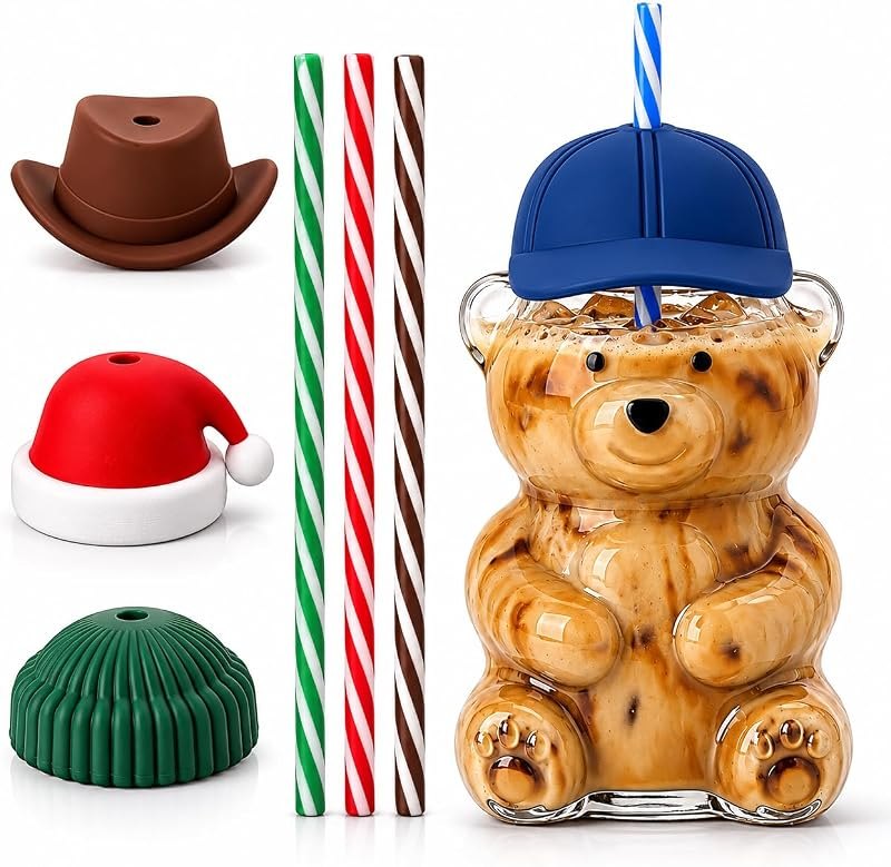 Teddy Bear Glass Cup with 4 Interchangeable Hat Lids & 4 Reusable Straws, 17 oz Bear Shaped Glass Tumbler for Iced