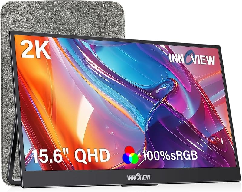InnoView 2K Portable Monitor 15.6" QHD 100% sRGB, Built-in 180° Adjustable Stand Travel Monitor USB C Standard HDMI