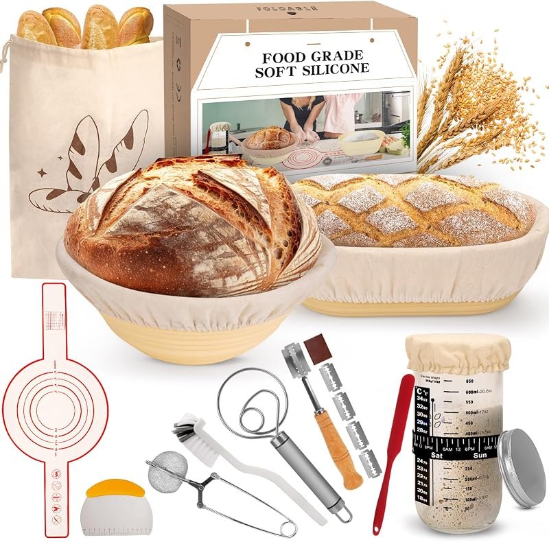 16-Piece sourdough bread baking supplies Set - Foldable Silicone banneton bread proofing basket (Round & Oval) -