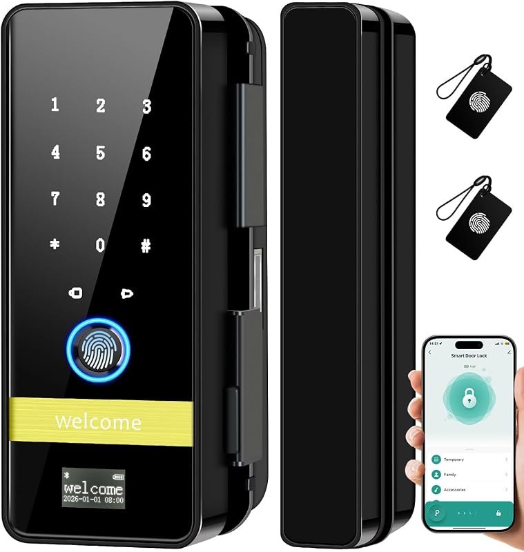 Smart Glass Door Lock, 2026 New Keyless Entry Door Lock, Biometric Fingerprint Glass Door Locks, Electronic Keypad