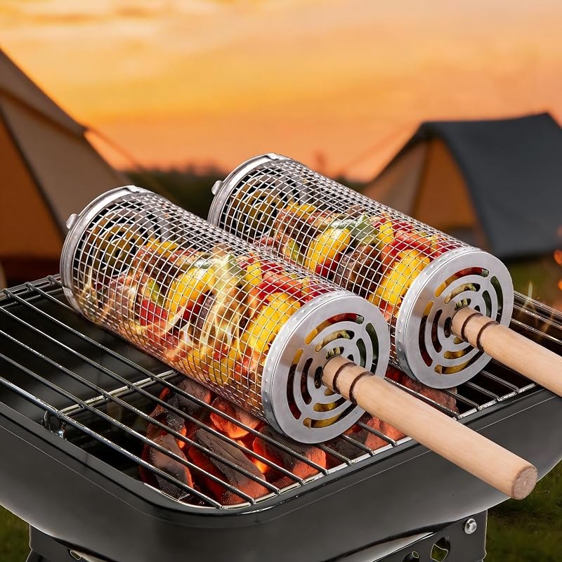 Rolling Grill Basket 2-Pack, Removable Wooden Handle, 304 Stainless Steel, Nesting Grilling Tools, Smoker BBQ