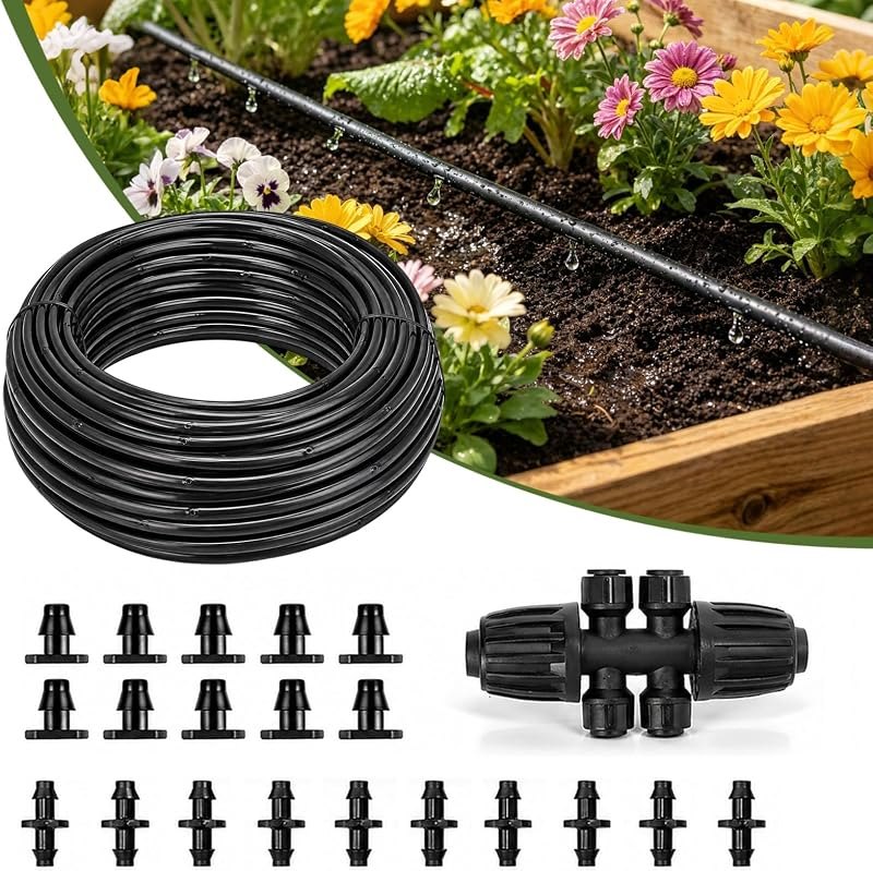 1/4" Drip Irrigation Dripline Tubing 100FT, Built-in 0.5 GPH Emitters Every 6", Drip Line with 1/4" Fittings, Saving