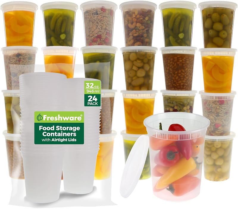 Freshware Food Storage Containers [24 Set] 32 oz Plastic Deli Containers with Lids, Slime, Soup, Meal Prep Containers