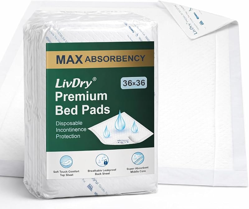 LivDry Bed Pads Disposable Adult, Extra Large 36" x 36" High Capacity Leakproof Incontinence Underpads, Absorbent