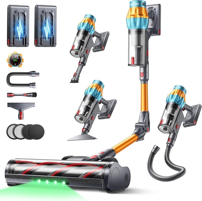 SMOTURE Cordless Vacuum Cleaner, 2 Batteries 130Mins Runtime 650W 55Kpa Stick Vacuum Cleaners for Home with 180°