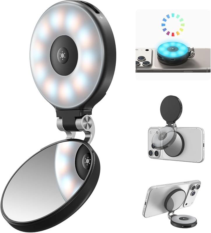 TELESIN Upgraded 4-in-1 Magnetic RGB Selfie Ring Light with Mirror & Phone Stand, Rechargeable Portable Clip On Fill