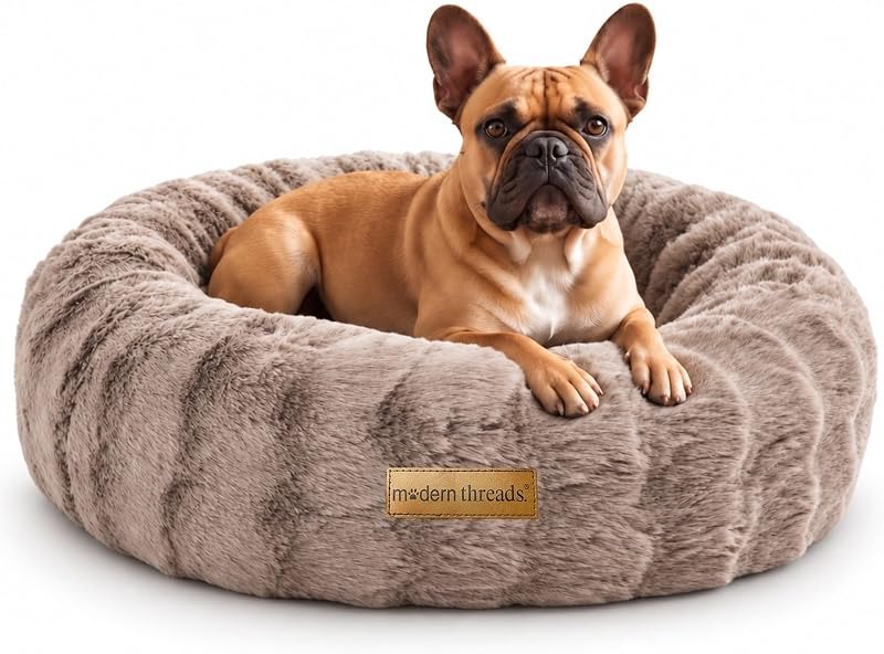 Modern Threads Calming Donut Dog Bed for Medium Dogs, Plush Round Faux Fur Pet Bed with Raised Bolster, Soft Washable