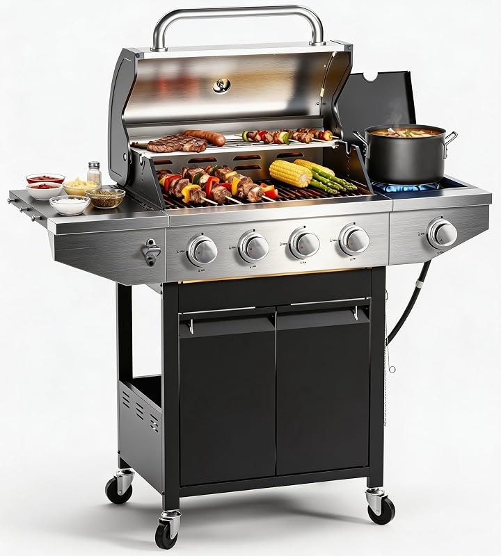 EUHOME 4-Burner Propane Gas BBQ Grill with Side Burner, 46,500 BTU Stainless Steel Outdoor BBQ with Enameled Cast Iron