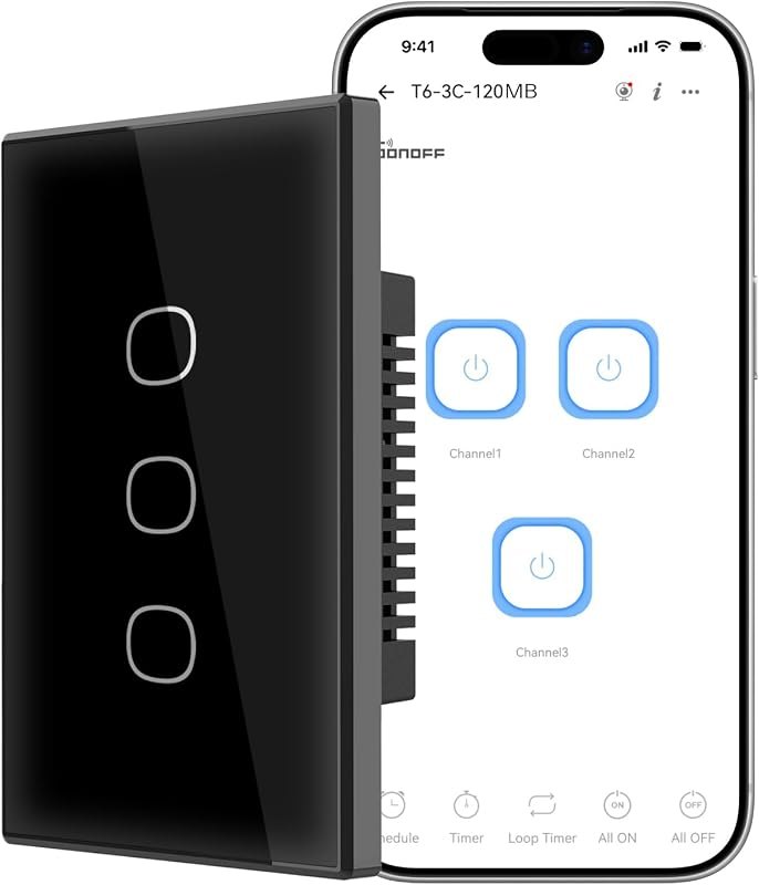 SONOFF TX Gen2 Smart Wall Touch Switch, 3 Channels 120-Type Panel, 2.4GHz Wi-Fi, Neutral Required, Matter Compatible