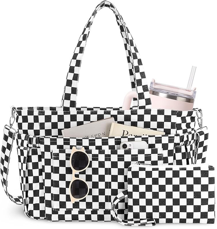 Corduroy Tote Bag for Women with 9 Pockets & 40oz Cup Holder, Laptop Work Purse for Teacher Nurse, Travel College Bag