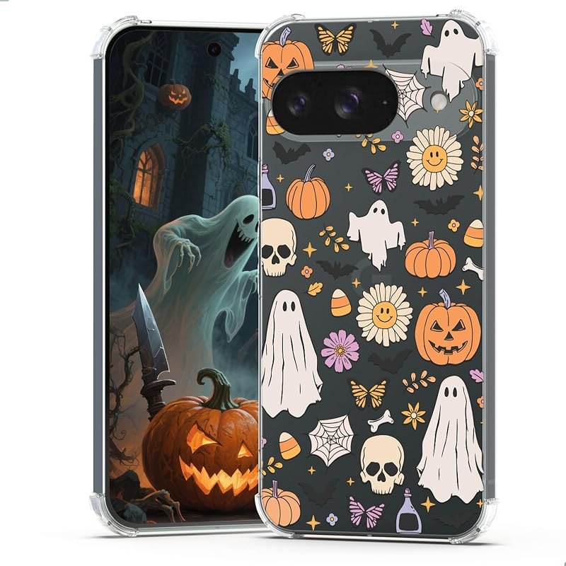 for Google Pixel 10 Halloween Ghost Pumpkin,Cute Butterfly Spider Web Design Women Girls Shockproof Soft TPU Cell