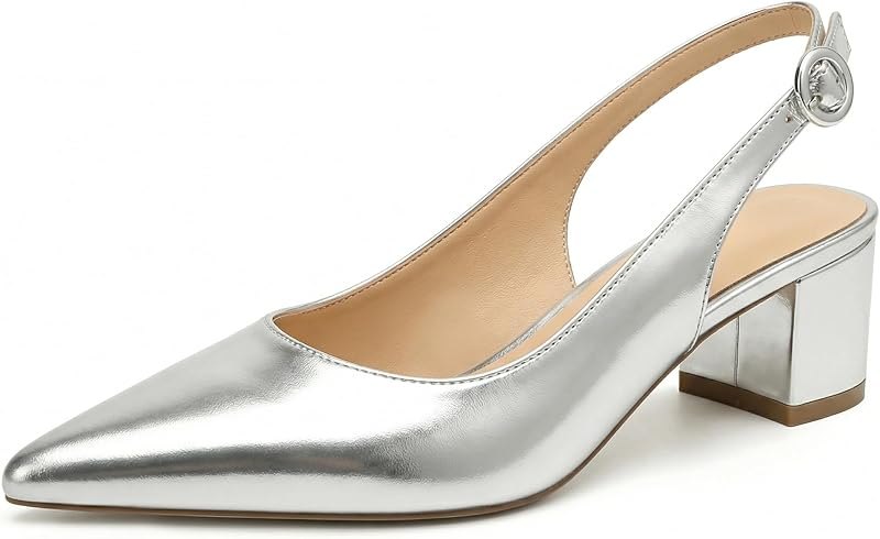 Slingback Heels Women Block Low Heel Pointed Toe Pumps Ankle Buckle Office Dress Suede Shoes 2 Inches — metallic