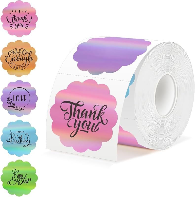 300 Labels/Roll 2" Holographic Round Thermal Labels, Scalloped Multi-Colors Blank Circle Sticker for Small Business