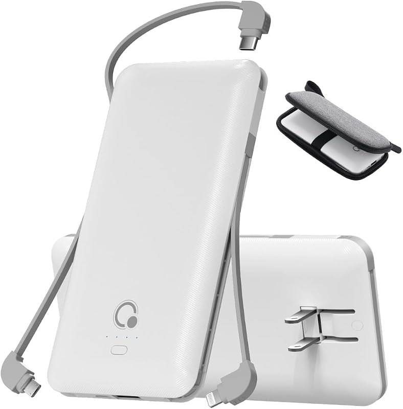 Portable Charger with Built-in Cables and AC Wall Plug, USB C External Battery Pack, 10000mAh Travel Essentials Power