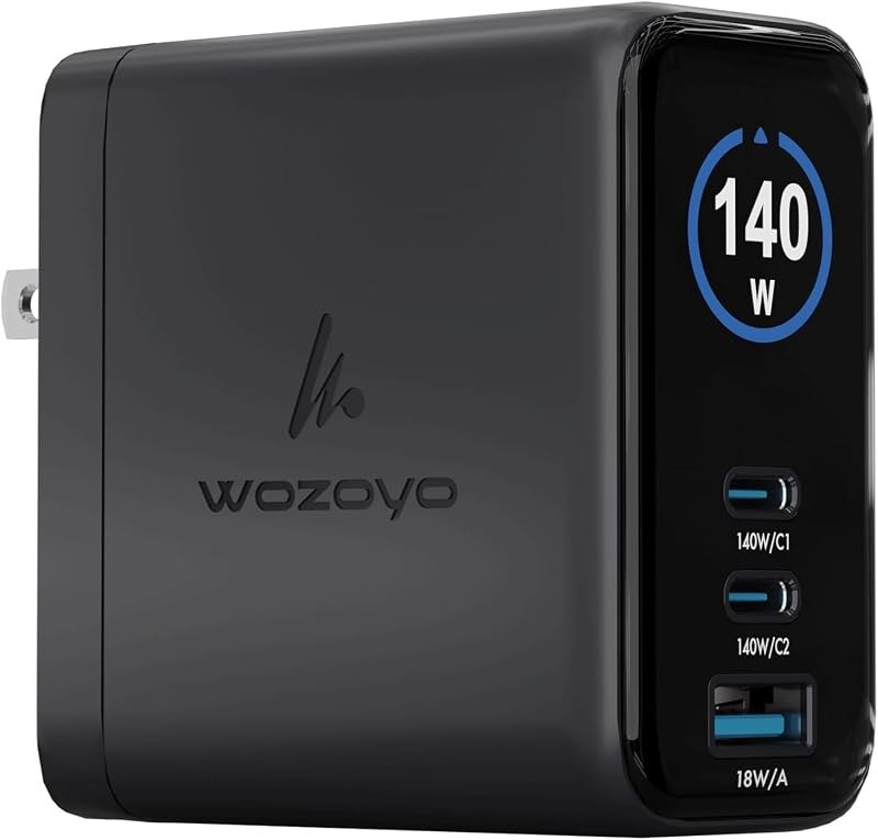 140W Smart LED Wozoyo GaN Charger, 2XType-C & USB-A Superfast 2.0 Charging, Compatible for iPhone 17/16/16 Pro Max/15