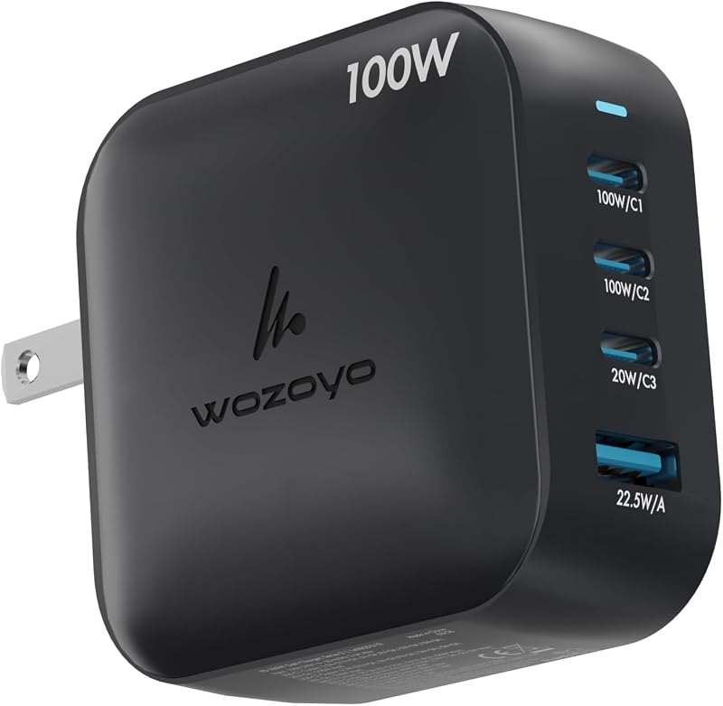 100W GaN Charger, Wozoyo 3XType-C & USB-A Superfast 2.0 Charging, Compatible for iPhone 17/16/16 Pro Max/15