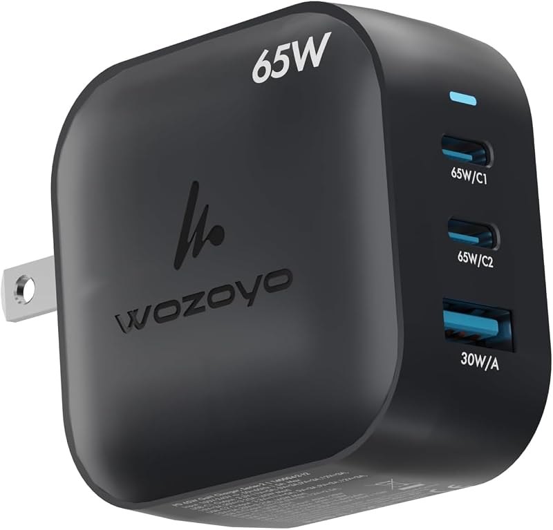 65W GaN Charger, Wozoyo 2XType-C & USB-A Superfast 2.0 Charging, Compatible for iPhone 17/16/16 Pro Max/15 Series/iPad