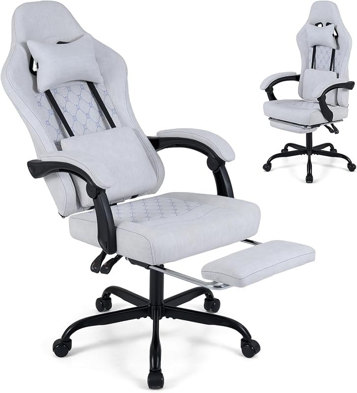 Goplus Gaming Chair, Ergonomic Office Chair with Foot Rest, Lumbar Support, Linkage Armrests, Detachable Headrest