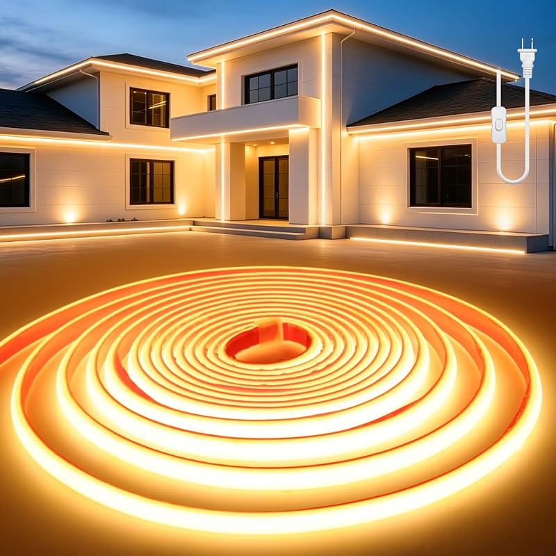 COB LED Strip Lights Waterproof 16.4Ft Self-Adhesive Outdoor 110V Warm White 3000K LED Neon 10mm Width Rope Tape