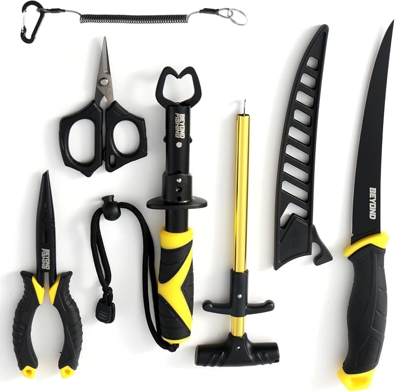 Beyond Fishing 5-Piece Fishing Tool Kit - Pliers, Fillet Knife, Hook Remover, Lip Gripper, and Braid Scissors -