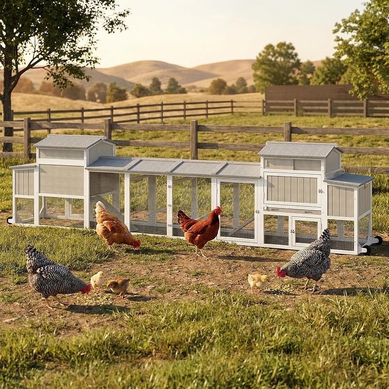Large Chicken Coop with Run for 6-12 Chickens, Mobile Outdoor Hen House Chicken Tractor with Full Asphalt Roof