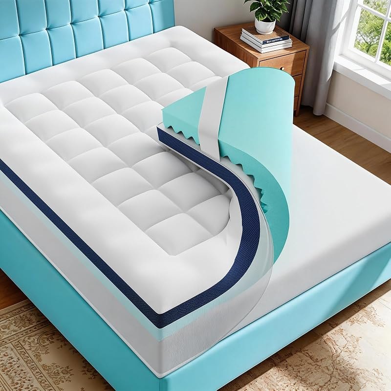 4 Inch Dual Layer Memory Foam Mattress Topper - 2 Inch 1000GSM Fluffy Soft Pillow Top Mattress Pad Cover and 2 Inch