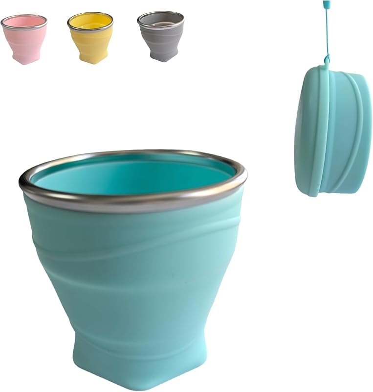 Collapsible Cup, 8.8oz 260ml Foldable Travel Mini Coffee Mug, BPA Free Silicone Water Cup and Lid with Stainless Steel