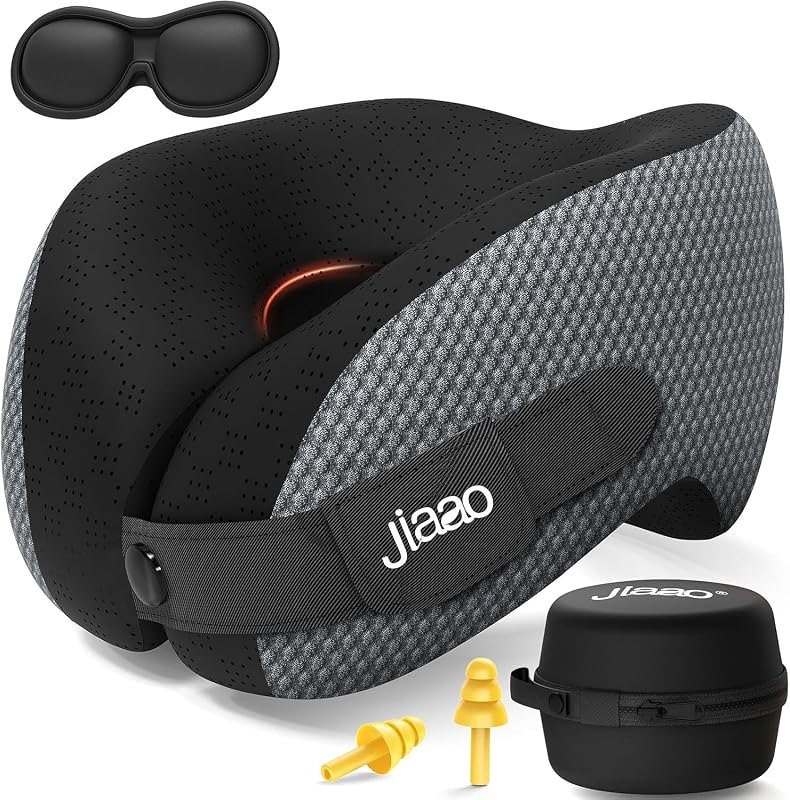 jiaao Ergonomic Travel Pillow,100% Memory Foam Travel Neck Pillow, 360° Neck & Chin Support Airplane Pillow for Long