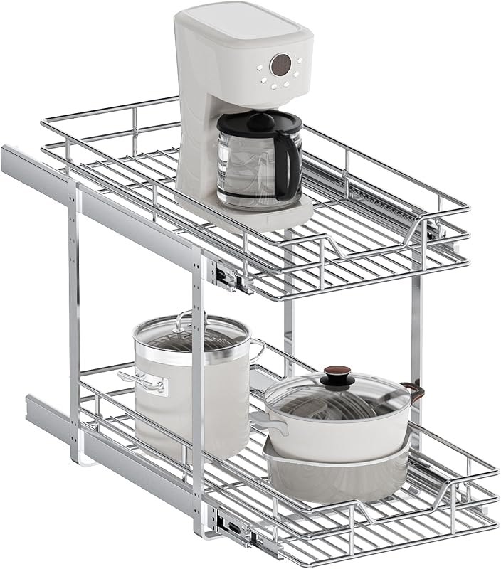 2-Tier Pull Out Cabinet Organizer, 13.5" W x 21.5" D, Heavy Duty Dual Slide Out Shelves for Base Cabinets, Chrome Wire