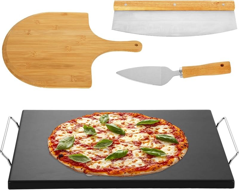 SHUESS Pizza Stone for Oven, 15 x 12 Inch Rectangular Ceramic Baking Stone with Handles, Pizza Peel, Pizza Cutter, Non