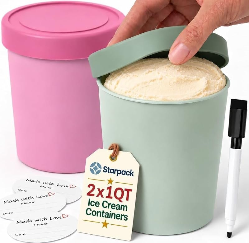 Starpack Homemade Ice Cream Containers, 1 Quart 2 Pack, Sage & Pink - Non-Toxic, Airtight Silicone Lids, BPA-Free