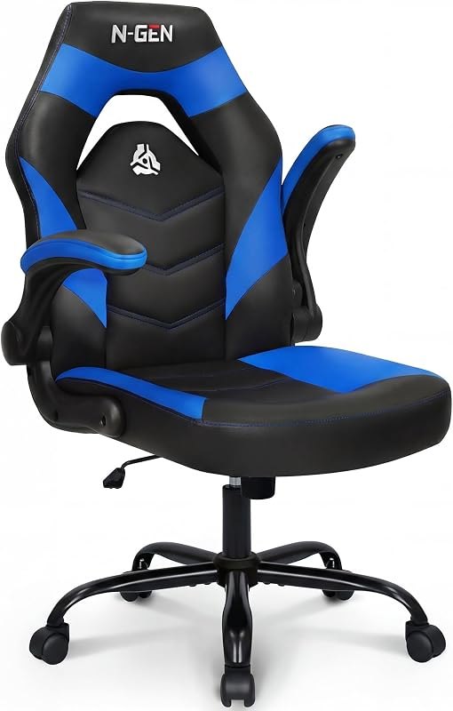 N-GEN Gaming Gaming Chair, Lumbar, PU Leather, Flip-Up Arms, Classic Blue — wooden frame gaming chair for wooden frame