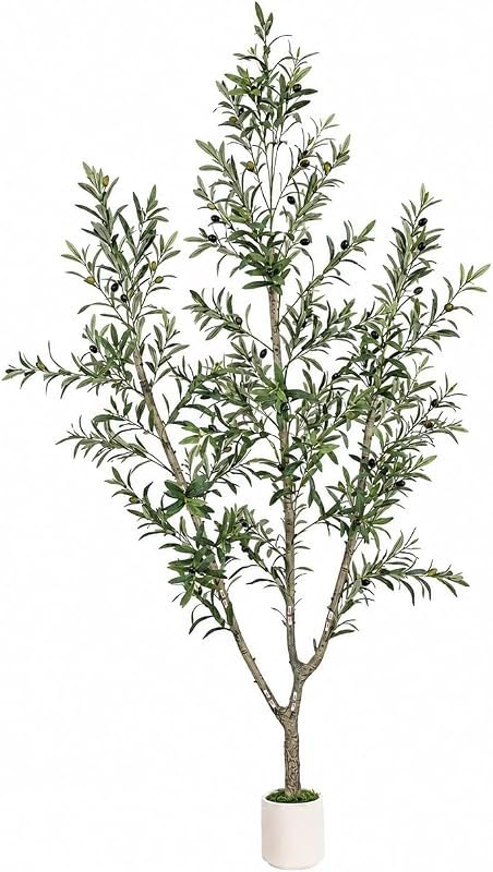 Olive Trees Artificial Indoor, 7ft Tall Olive Tree with White Planter, Faux olive tree with Natural Wood Trunk &