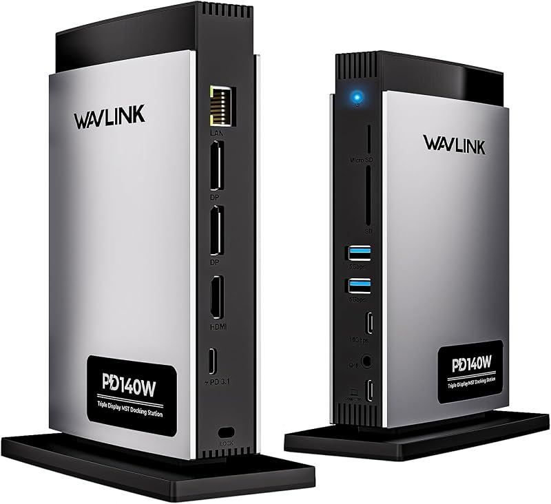 WAVLINK Laptop Docking Station 3 Monitors, 11-in-1 USB C Docking Station with 125W PD3.1 Pass-Through & Power Adapter