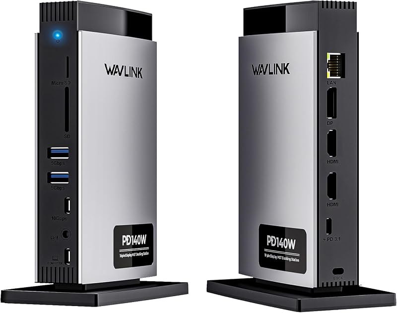 WAVLINK Laptop Docking Station 3 Monitors, 11-in-1 USB C Docking Station with 125W PD3.1 Pass-Through & Power Adapter