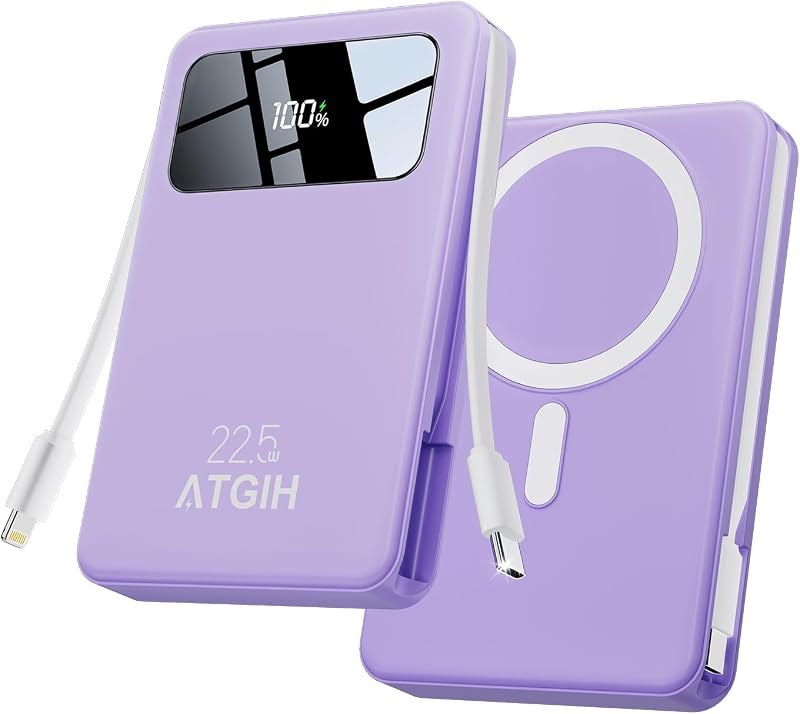 10000mAh Magnetic Wireless Power Bank, 5-in-1 Portable Charger with 2 Built-in Cables, 22.5W PD Fast Charging Magnetic