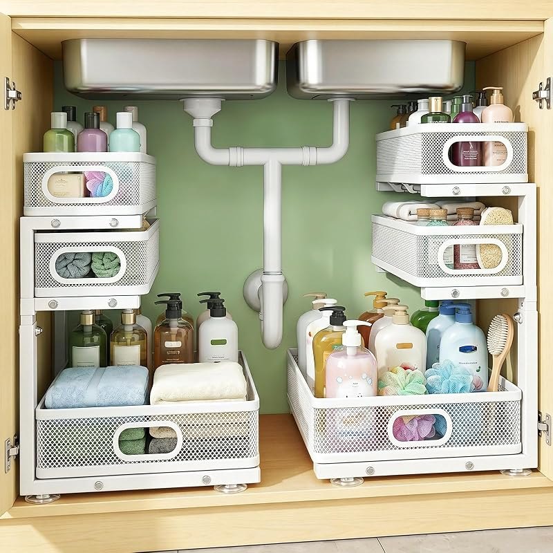 Under Sink Organizer, 2-Pack 3-tier Under Sink Storage Organizer Adjustable Height Easy Assembly Pull Out Cabinet