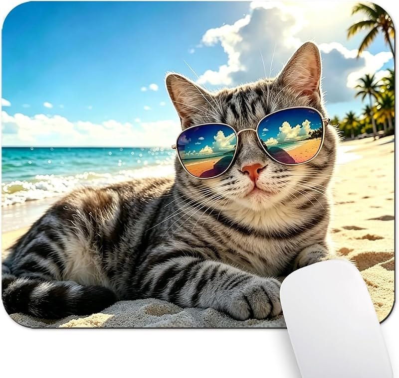 Funny Tabby Cat with Sunglasses Mouse Pad, Summer Vacation Beach Desk Mat — glass mouse pad for glass mouse pad