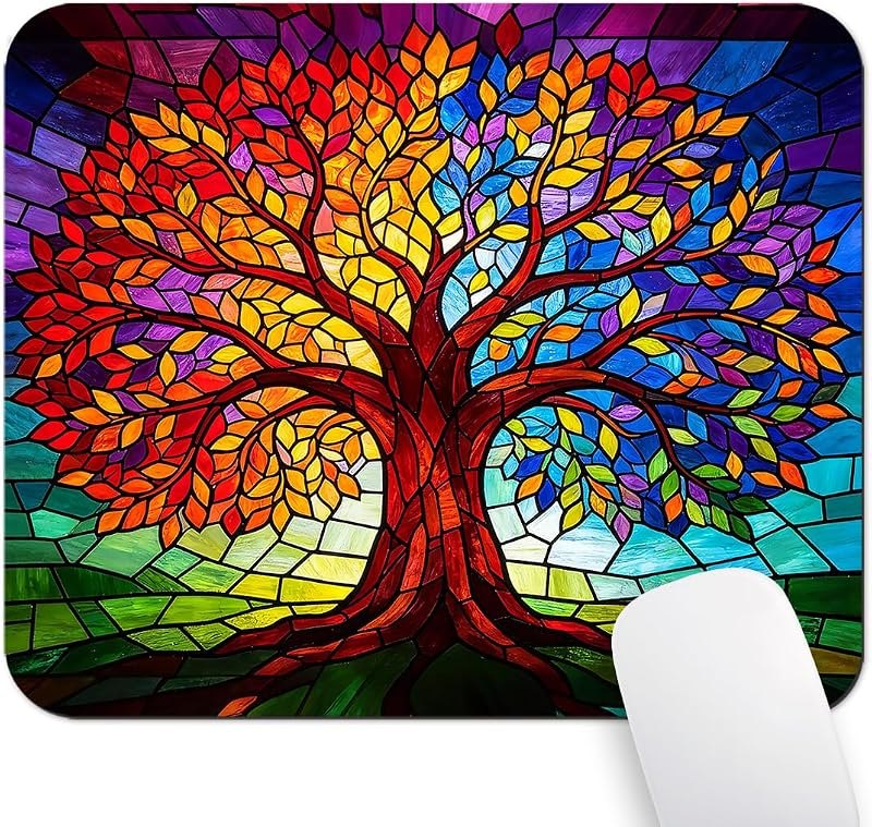 Abstract Tree of Life Mouse Pad, Rainbow Stained Glass Mosaic Art Desk Mat — best glass mouse pad for glass mouse pad