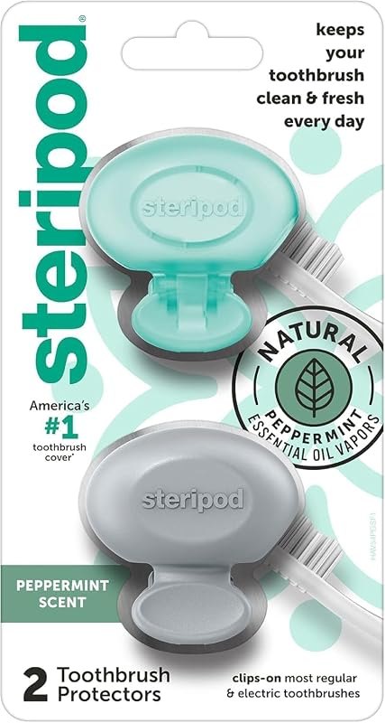 Steripod Clip-On Toothbrush Protector with Peppermint Essential Oils, Keeps Toothbrush Fresh and Clean, Travel