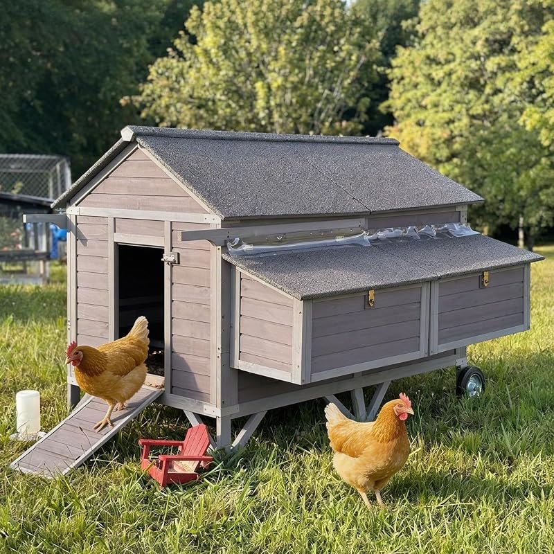 Mobile Chicken Coop with Wheels, Large 16.4ft² Chicken House for 6-8 Chickens, Weatherproof Chicken Tractor, with