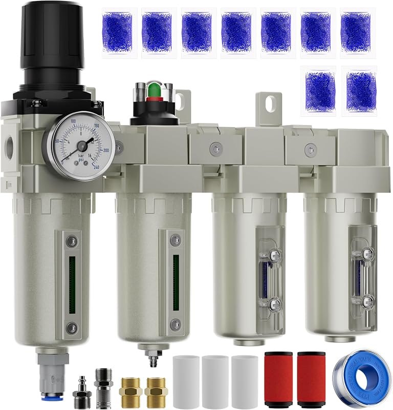 1/2" NPT Air Dryer for Compressor, 4 Stage Air Compressor Water Separator System with Air Regulator Gauge, Auto Drain