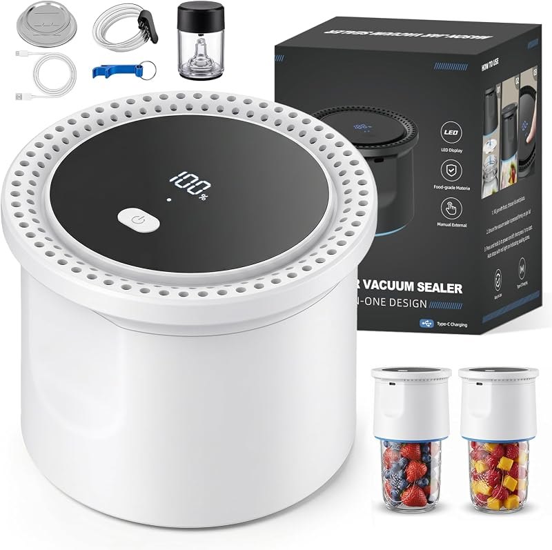 Electric Mason Jar Vacuum Sealer Kit, 20s Fast Vacuum Seal, All-in-One Design, Automatic Cordless Vacuum Sealer for