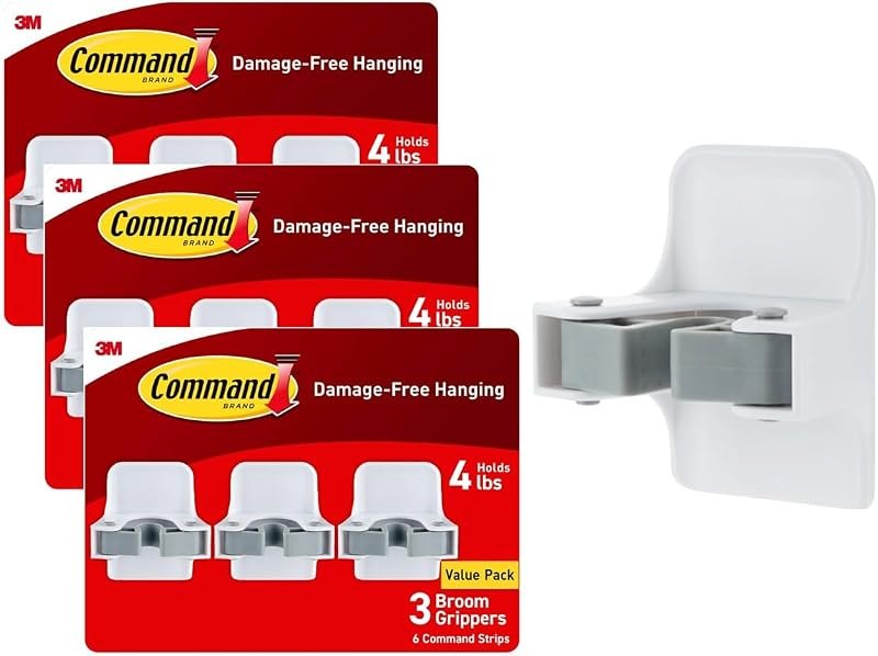 Broom Grippers, 3 Hangers and 6 Strips, Damage-Free Mop and Broom Holder Wall Mount, Household Cleaning Tool Organizer