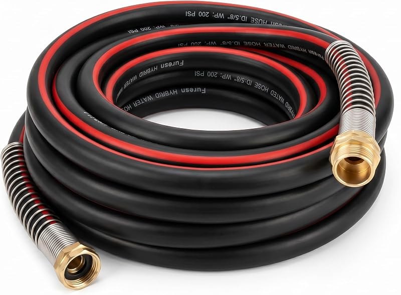 35FT RV Black Water Hose, 5/8" Hybrid No-Kink Sewer Flush Hose with 3/4" Solid Brass Fittings, Flexible Camper Tank