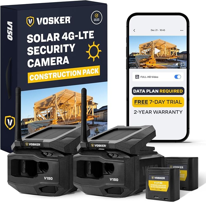 VOSKER V150 Construction Pack 4G LTE Solar Cellular Security Cameras,2-Pack — solar security camera for solar security