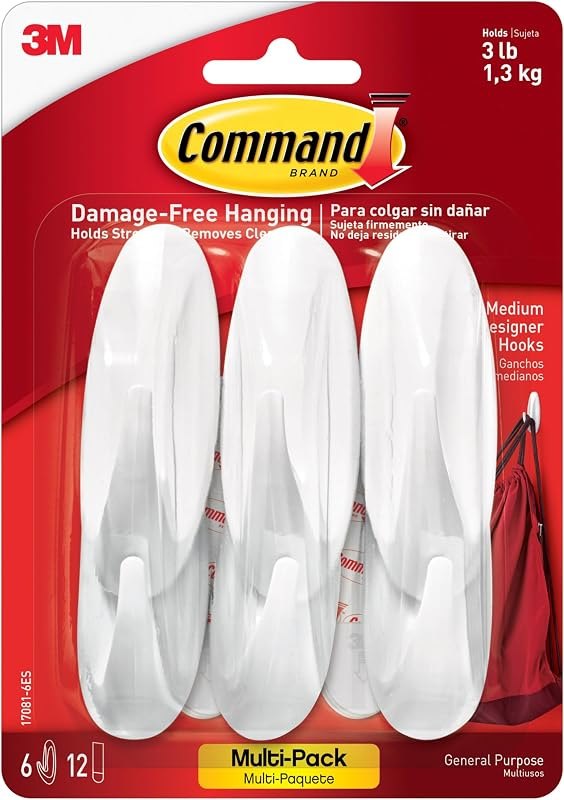 Medium Designer Hooks, 6 Hooks and 12 Strips, Damage-Free Hanging Wall Hook with Adhesive Strips, No Tools Great for