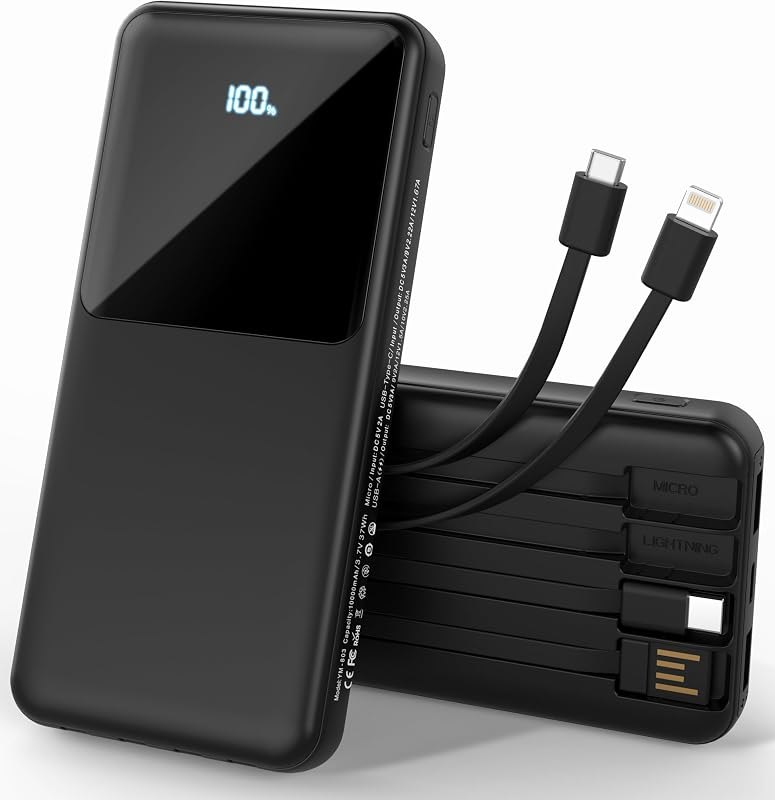 Portable Charger with Built in Cables, Power Bank with Cords Wires, Slim 10000mAh Travel Battery Pack 6 Outputs 3